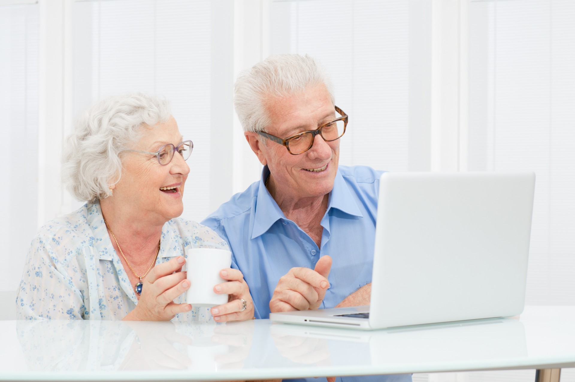 Happy senior couple using a computer at home