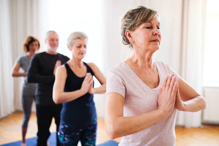 A group of seniors participate in indoor yoga.