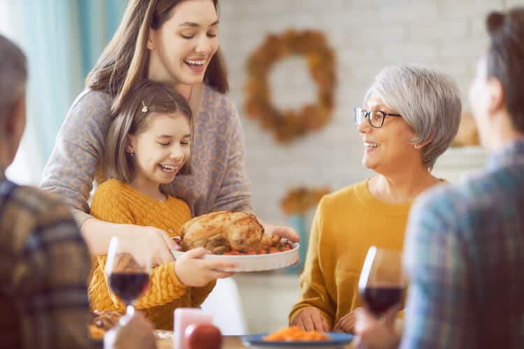 Family sitting at a table getting ready ot share a holiday meal.