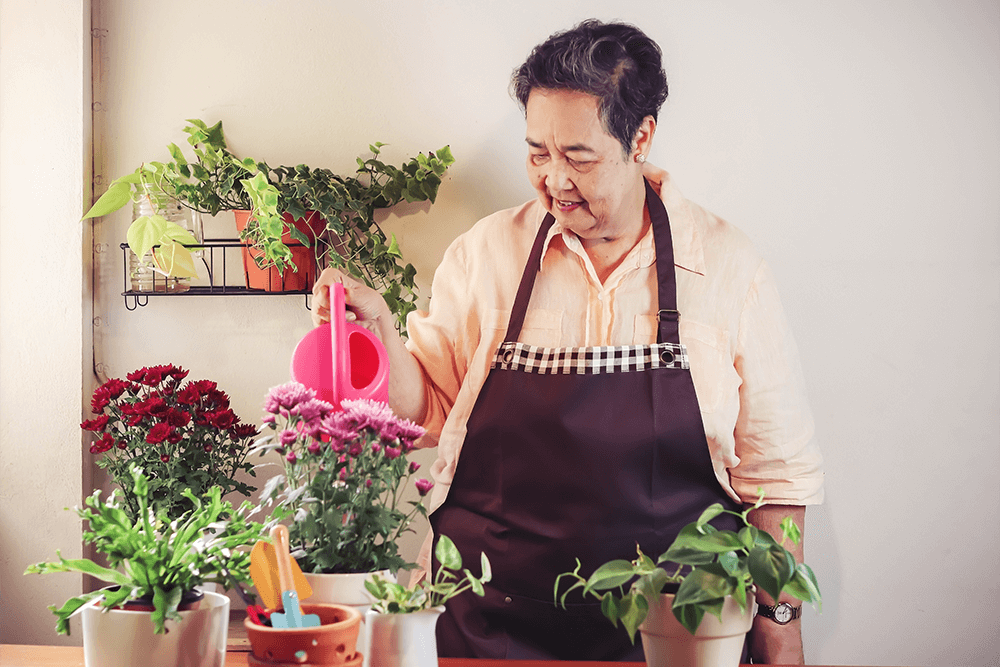 Woman taking care of house plants