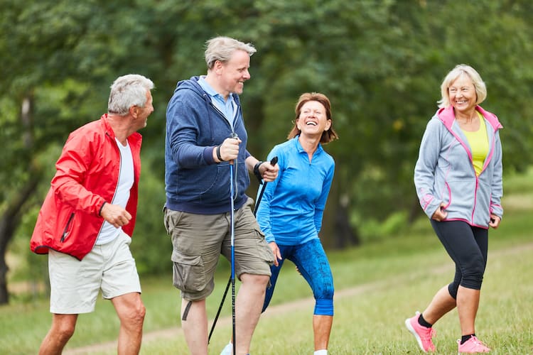 A group of seniors enjoying the great outdoors with a hike.
